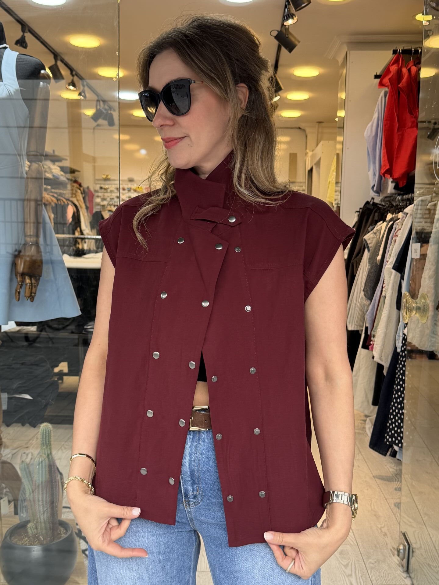 DROP DÜĞME DETAYLI KISA KOLLU GÖMLEK 0070 Bordo