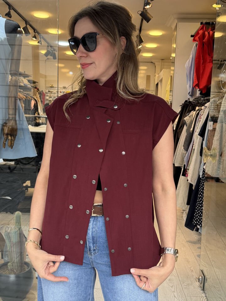 DROP DÜĞME DETAYLI KISA KOLLU GÖMLEK 0070 Bordo