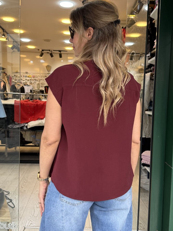 DROP DÜĞME DETAYLI KISA KOLLU GÖMLEK 0070 Bordo