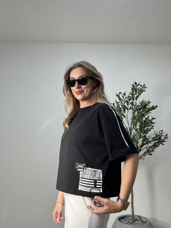 TASARIM DANTEL DETAYLI T-SHIRT 426 L - Siyah