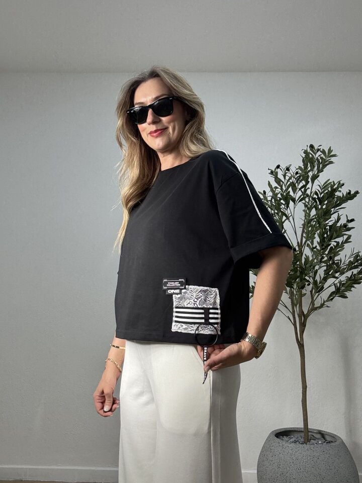 TASARIM DANTEL DETAYLI T-SHIRT 426 L - Siyah