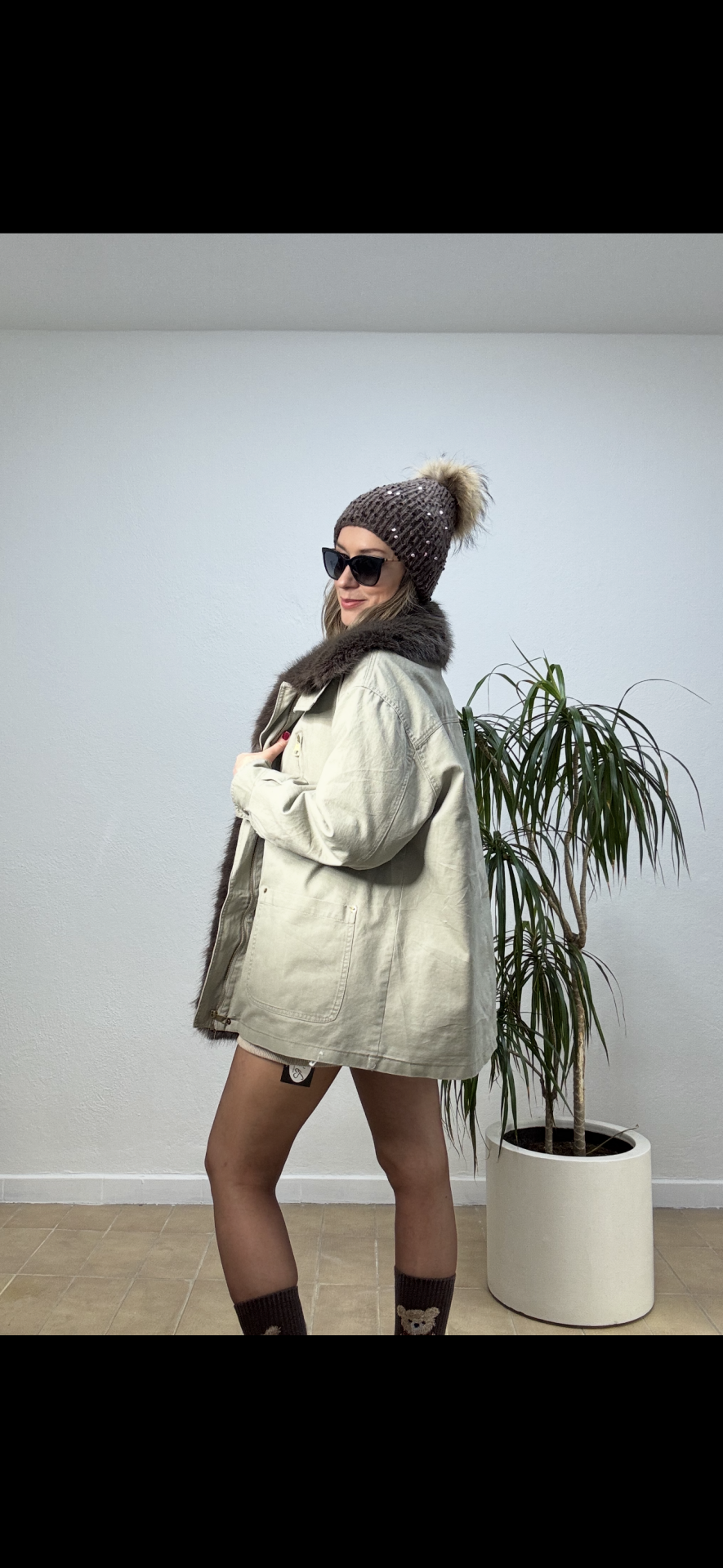 İTHAL YAKASI KÜRKLÜ CEKET DP048 Taş - STD