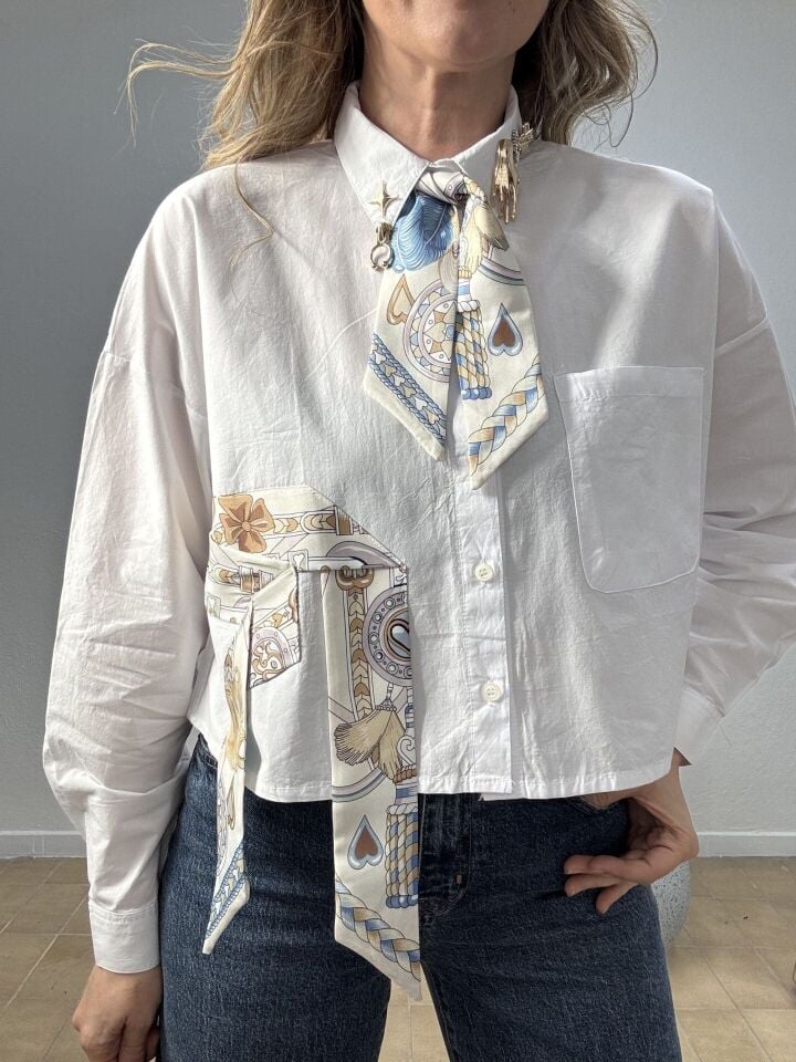 FULAR DETAYLI CROP GÖMLEK 5260 Beyaz - M