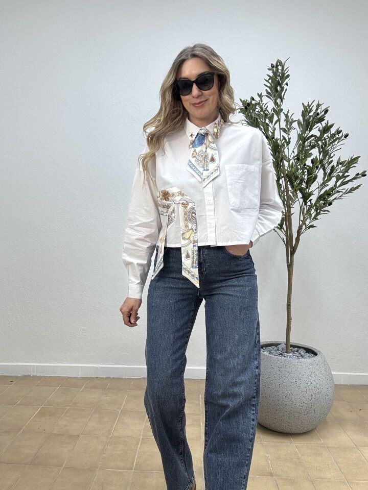 FULAR DETAYLI CROP GÖMLEK 5260 Beyaz - M