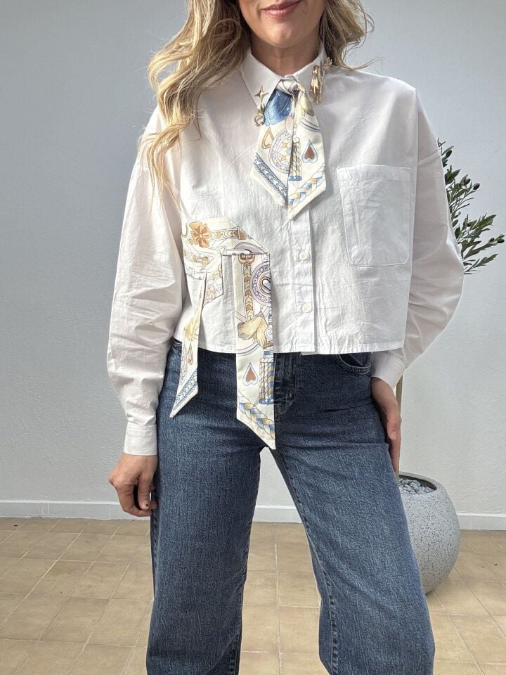 FULAR DETAYLI CROP GÖMLEK 5260 Beyaz - M