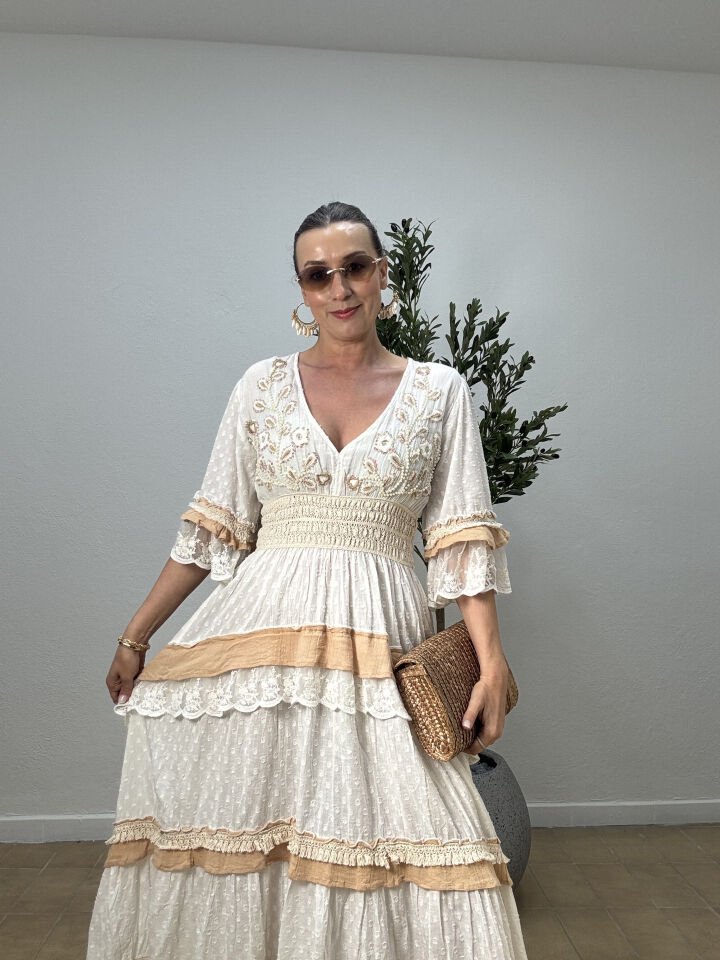 PAMUK İŞLEMELİ TAŞLI ELBİSE 38619 STD - Bej