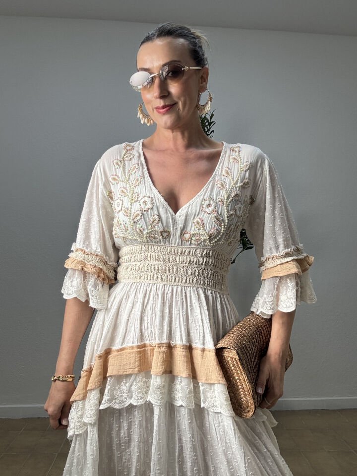 PAMUK İŞLEMELİ TAŞLI ELBİSE 38619 STD - Bej