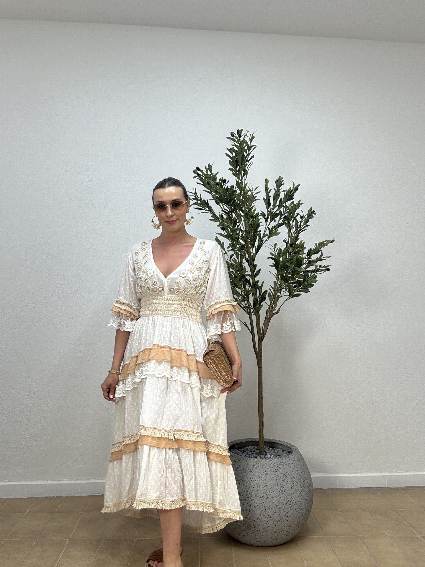 PAMUK İŞLEMELİ TAŞLI ELBİSE 38619 STD - Bej