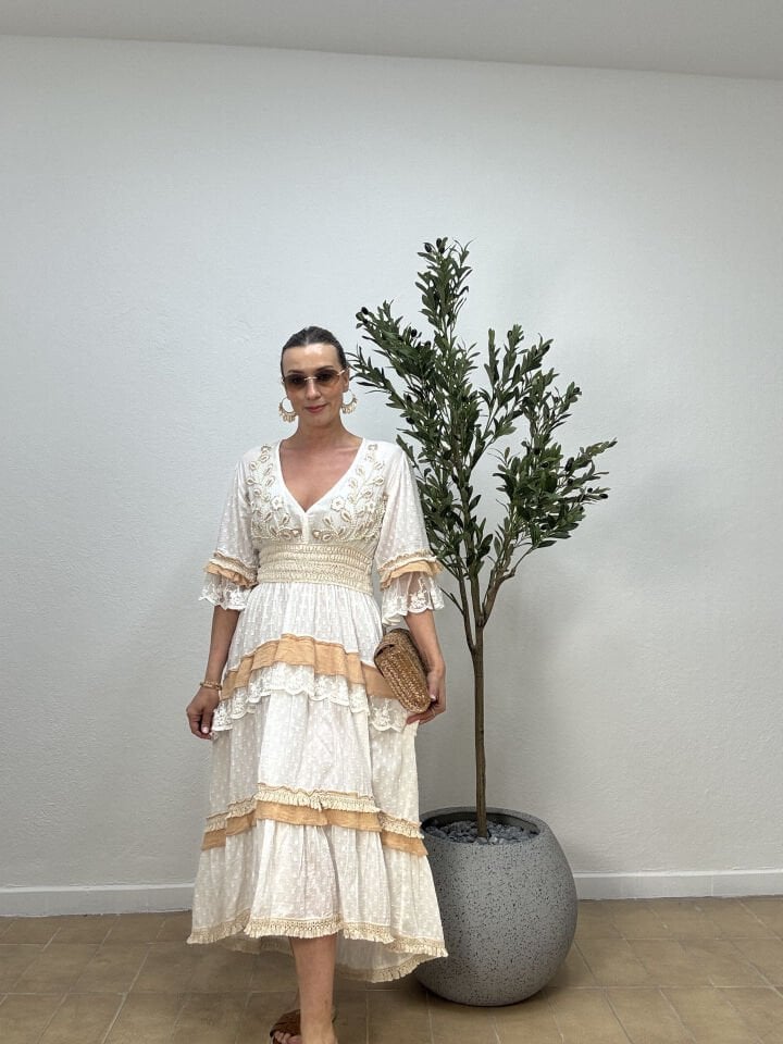 PAMUK İŞLEMELİ TAŞLI ELBİSE 38619 STD - Bej
