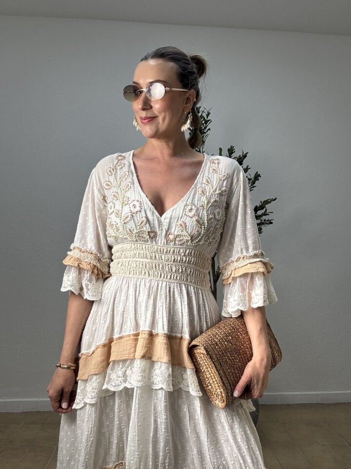 PAMUK İŞLEMELİ TAŞLI ELBİSE 38619 STD - Bej