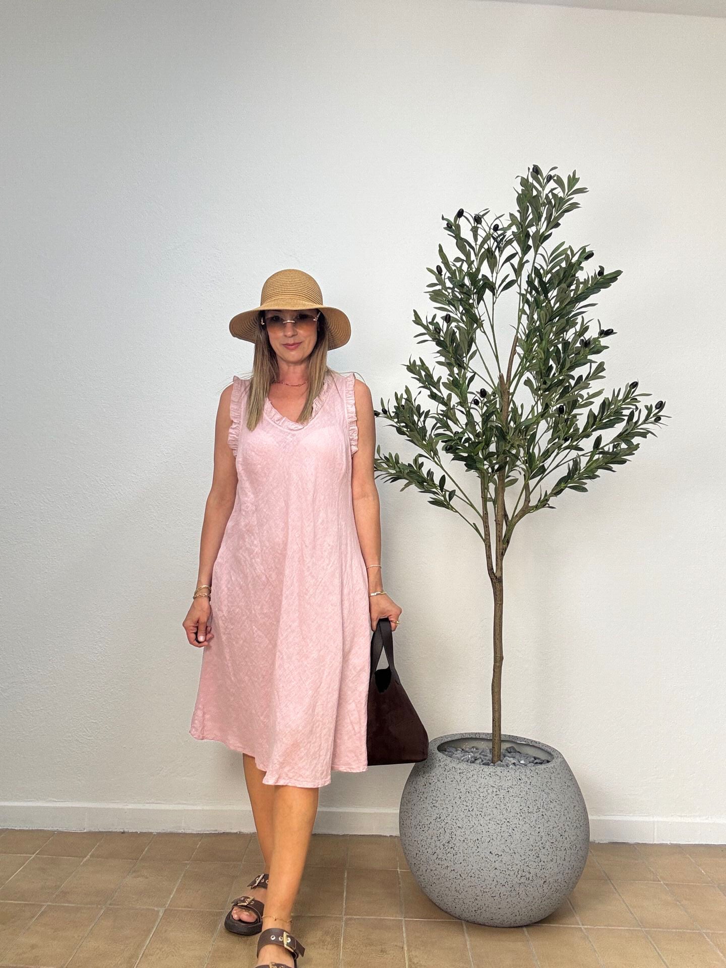 İTHAL FIRFIR KOLLU HAM KETEN ELBİSE 0081 STD - Pembe