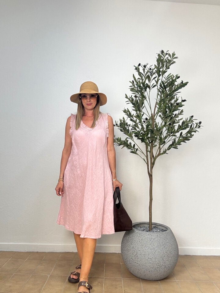 İTHAL FIRFIR KOLLU HAM KETEN ELBİSE 0081 STD - Pembe