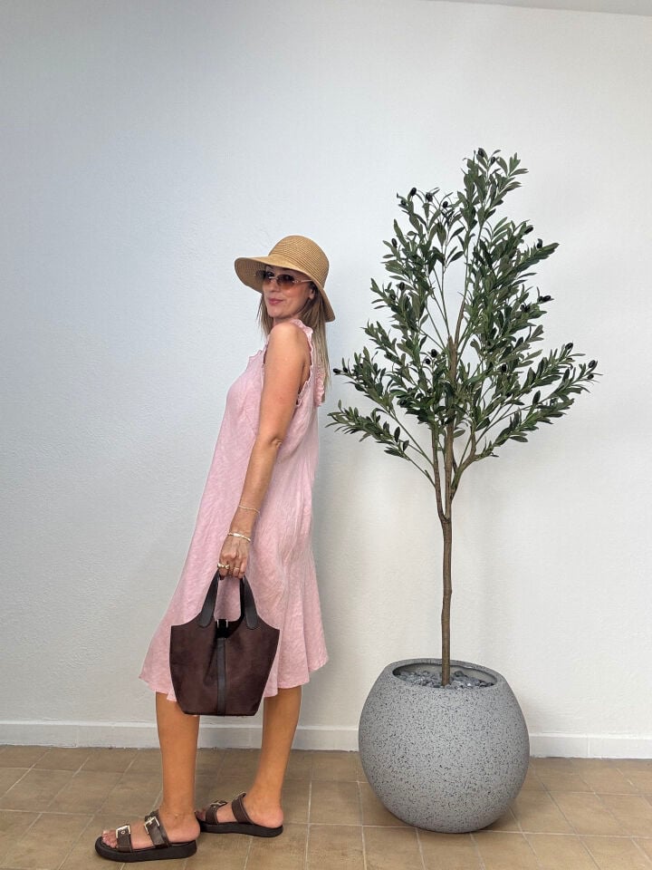 İTHAL FIRFIR KOLLU HAM KETEN ELBİSE 0081 STD - Pembe