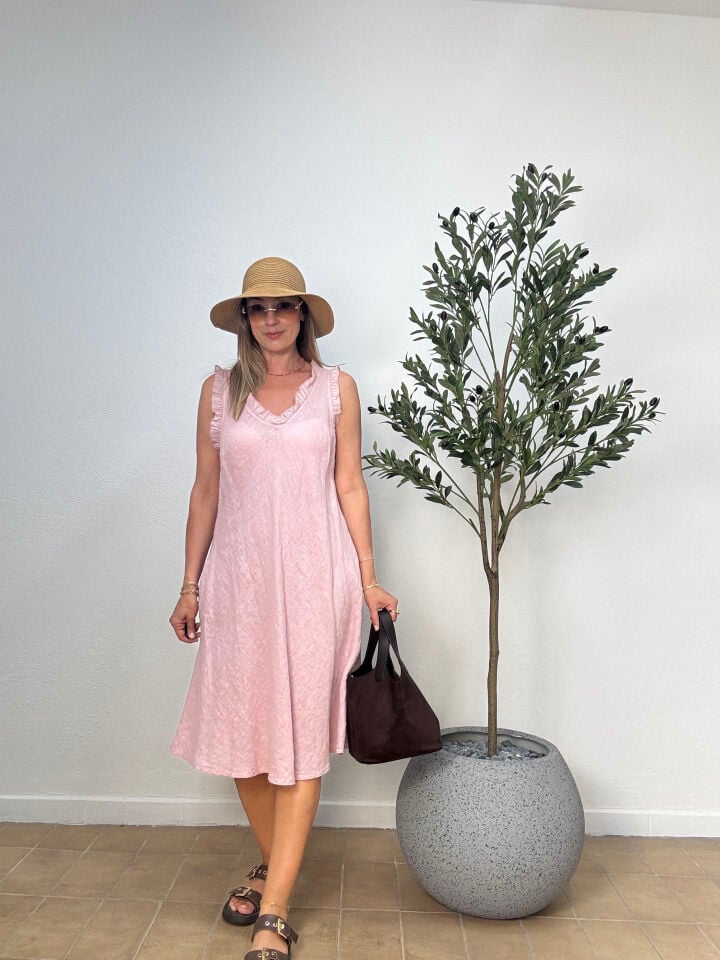 İTHAL FIRFIR KOLLU HAM KETEN ELBİSE 0081 STD - Pembe