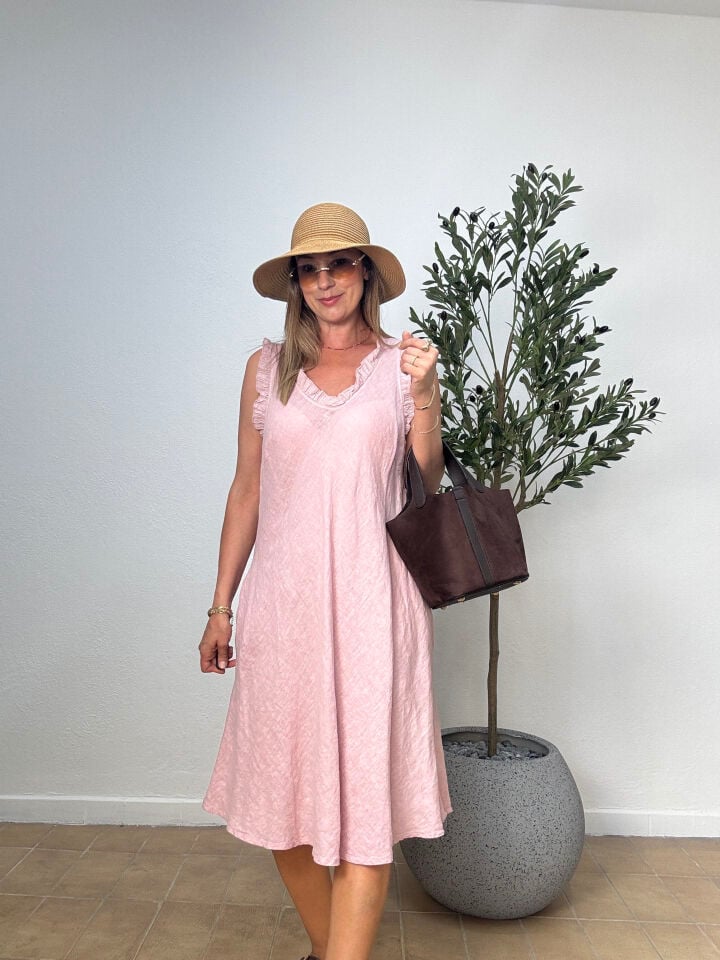 İTHAL FIRFIR KOLLU HAM KETEN ELBİSE 0081 STD - Pembe
