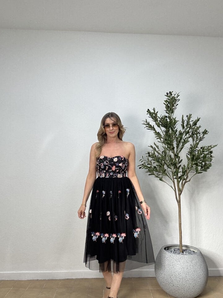 İTHAL STRAPLEZ DESENLİ TÜLLÜ ELBİSE 0041 38 - Siyah
