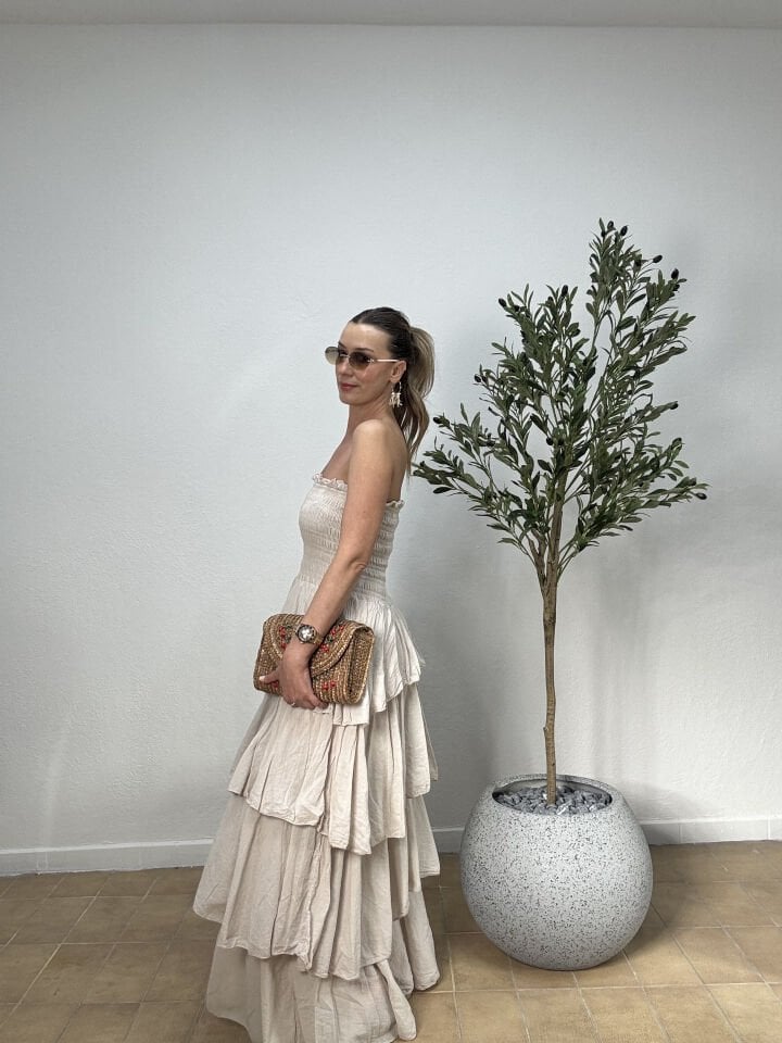İTHAL KAT KAT PAMUKLU STRAPLEZ ELBİSE 5052 STD - Bej