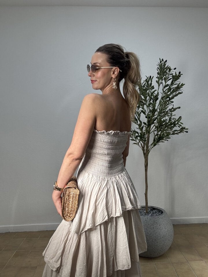 İTHAL KAT KAT PAMUKLU STRAPLEZ ELBİSE 5052 STD - Bej