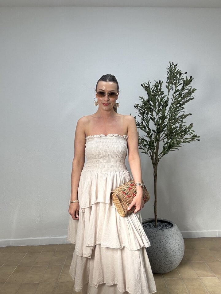 İTHAL KAT KAT PAMUKLU STRAPLEZ ELBİSE 5052 STD - Bej