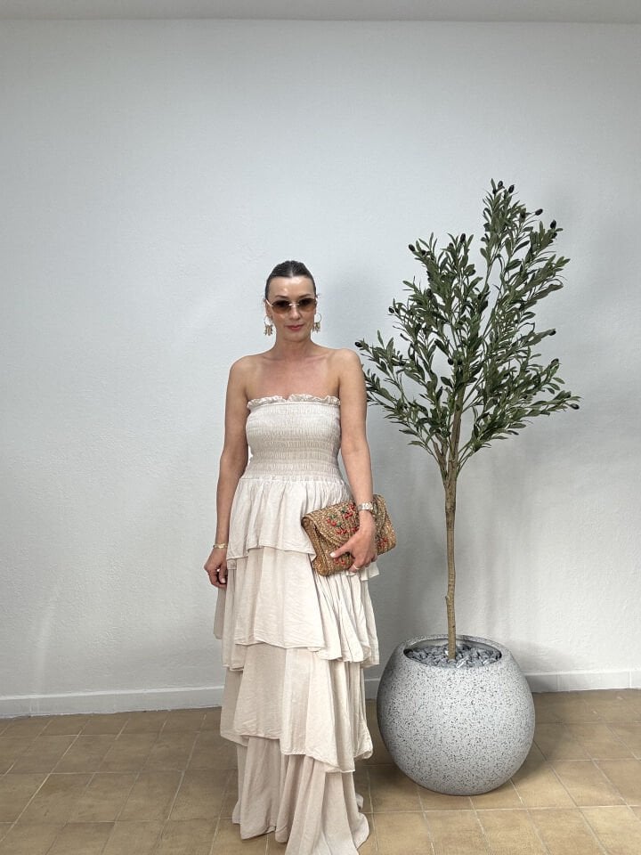 İTHAL KAT KAT PAMUKLU STRAPLEZ ELBİSE 5052 STD - Bej