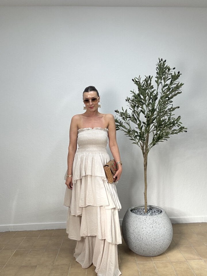 İTHAL KAT KAT PAMUKLU STRAPLEZ ELBİSE 5052 STD - Bej