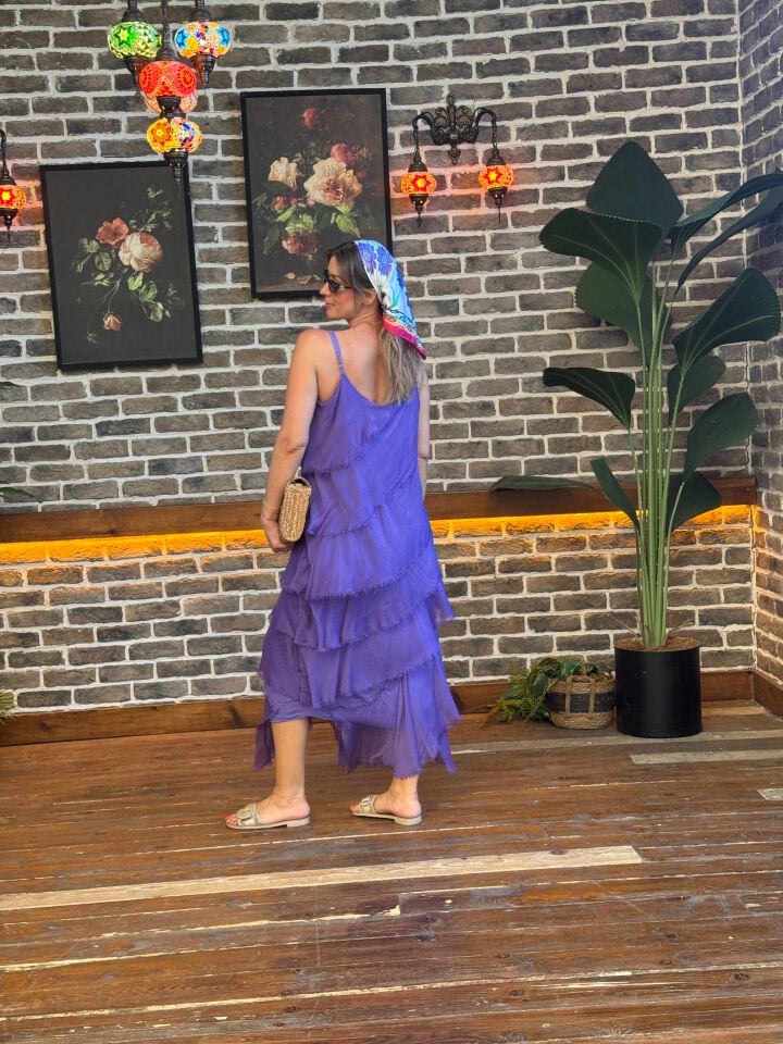 İTHAL SAÇAK DETAYLI ASİMETRİK KESİM KAT KAT ASKILI İPEK ELBİSE 67340 STD - Mor