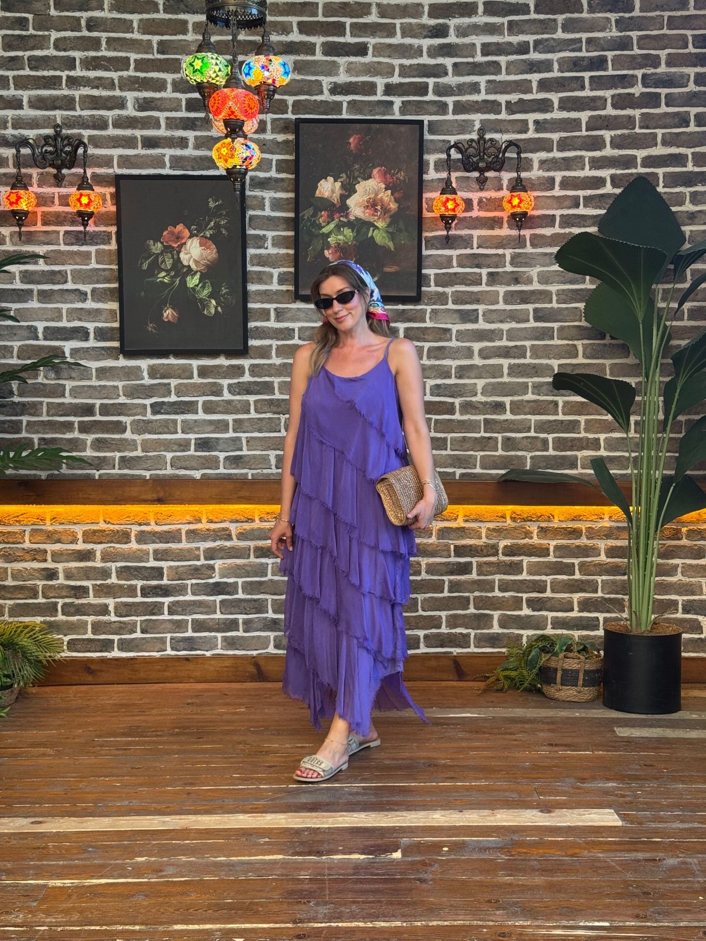 İTHAL SAÇAK DETAYLI ASİMETRİK KESİM KAT KAT ASKILI İPEK ELBİSE 67340 STD - Mor