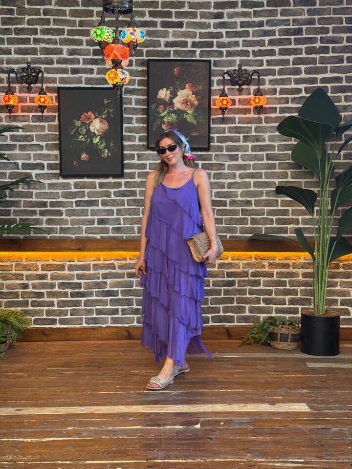 İTHAL SAÇAK DETAYLI ASİMETRİK KESİM KAT KAT ASKILI İPEK ELBİSE 67340 STD - Mor