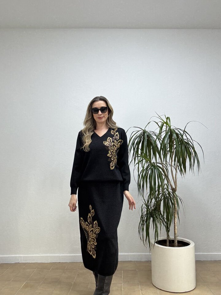 İTHAL UZUN KOLLU ALTIN TAŞLI TAKIM STD - Siyah