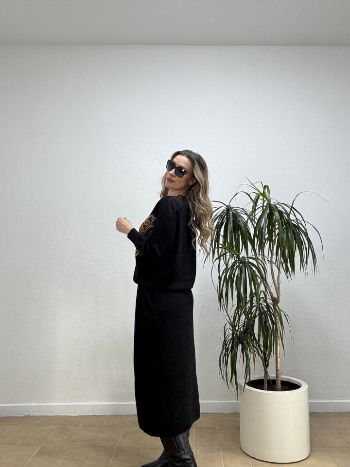 İTHAL UZUN KOLLU ALTIN TAŞLI TAKIM STD - Siyah