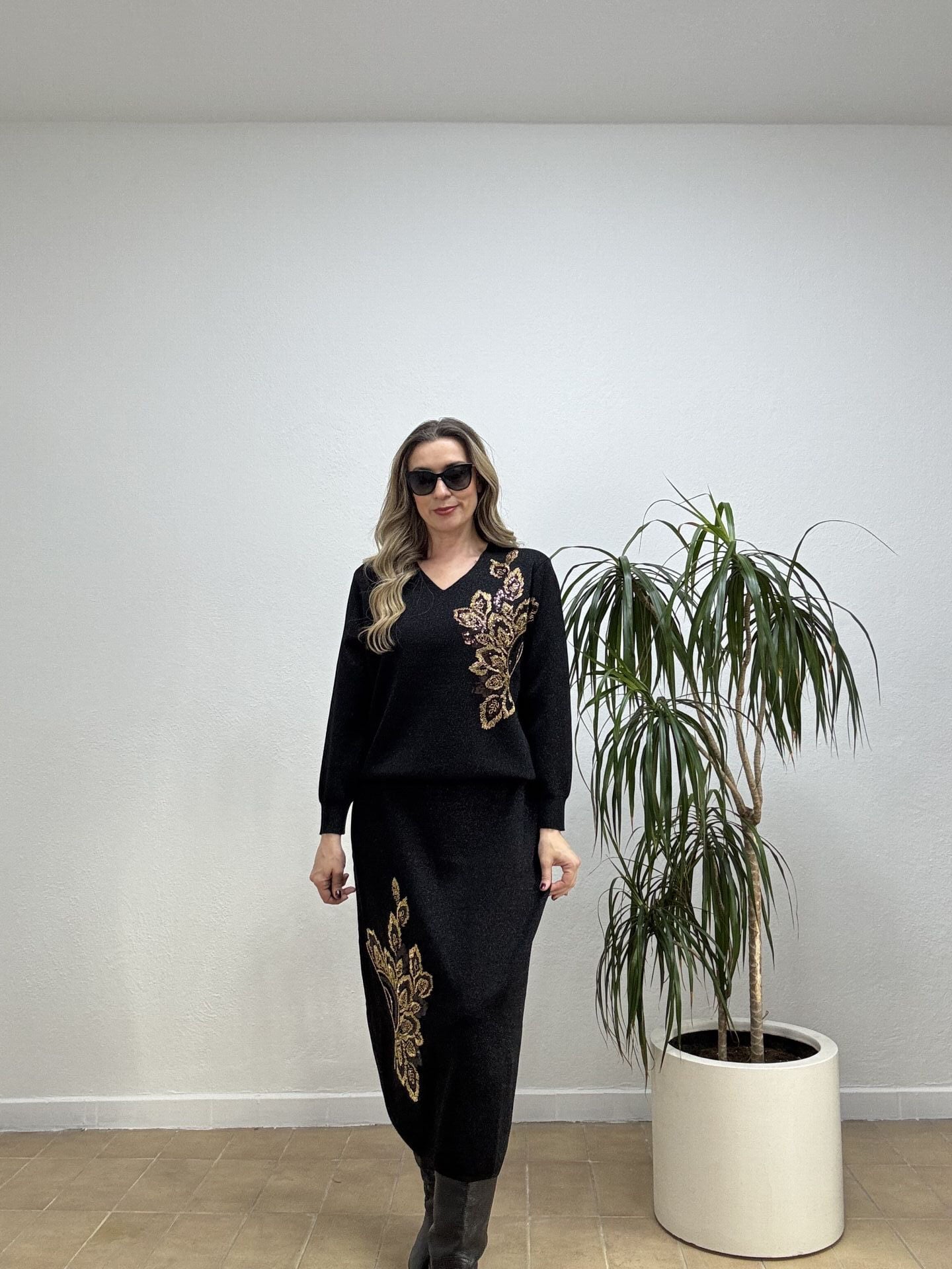 İTHAL UZUN KOLLU ALTIN TAŞLI TAKIM STD - Siyah