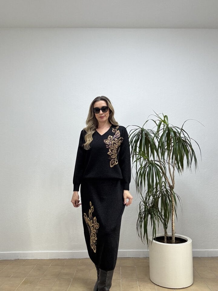 İTHAL UZUN KOLLU ALTIN TAŞLI TAKIM STD - Siyah