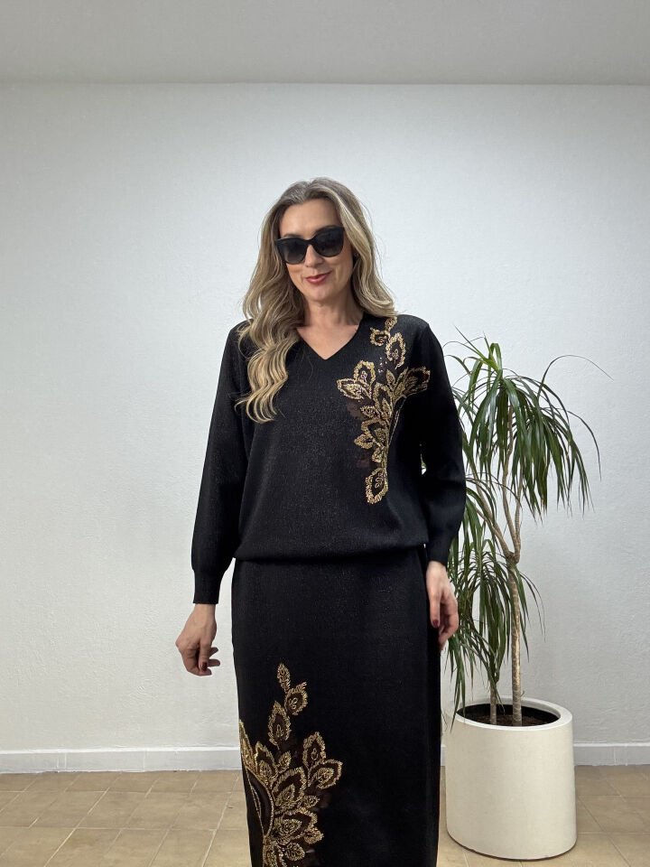 İTHAL UZUN KOLLU ALTIN TAŞLI TAKIM STD - Siyah