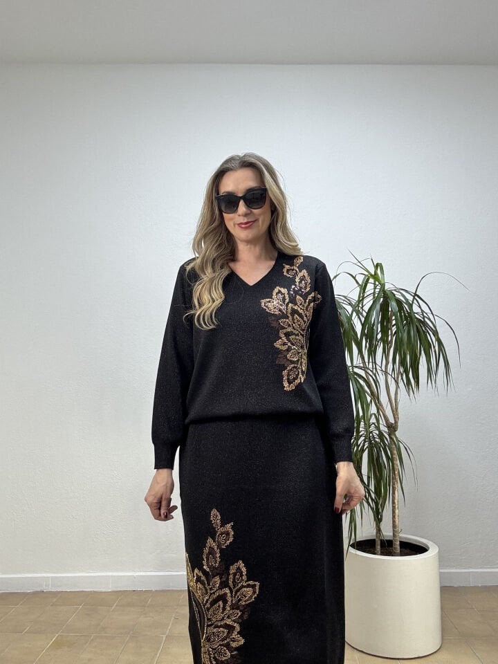 İTHAL UZUN KOLLU ALTIN TAŞLI TAKIM STD - Siyah