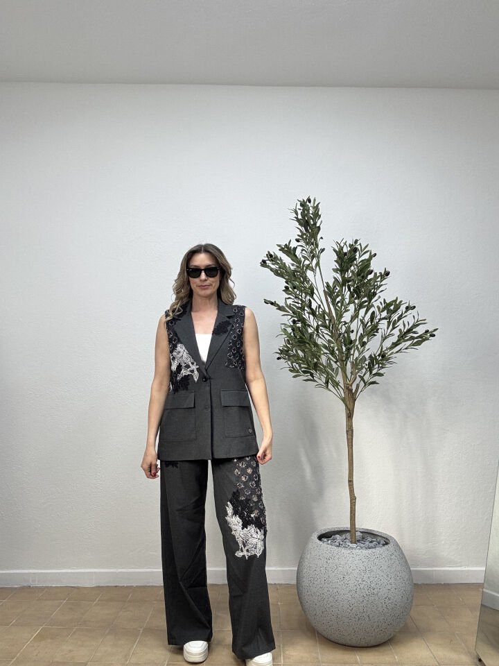 İTHAL PAYETLİ YELEKLİ TAKIM S - Gri