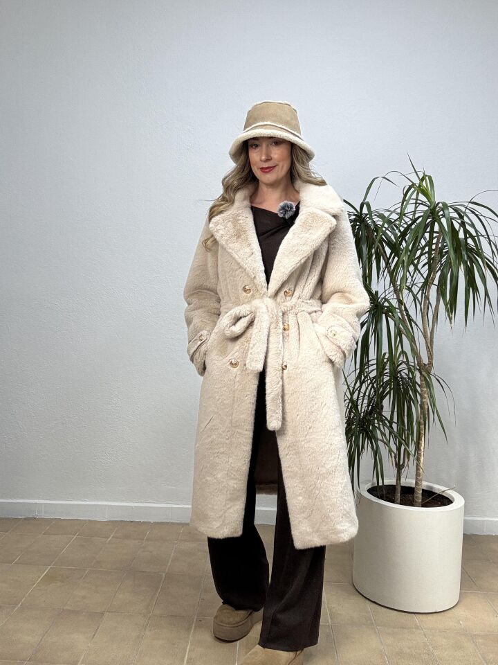 İTHAL DÜĞME DETAYLI KEMERLİ UZUN KÜRK 18402 Krem - STD