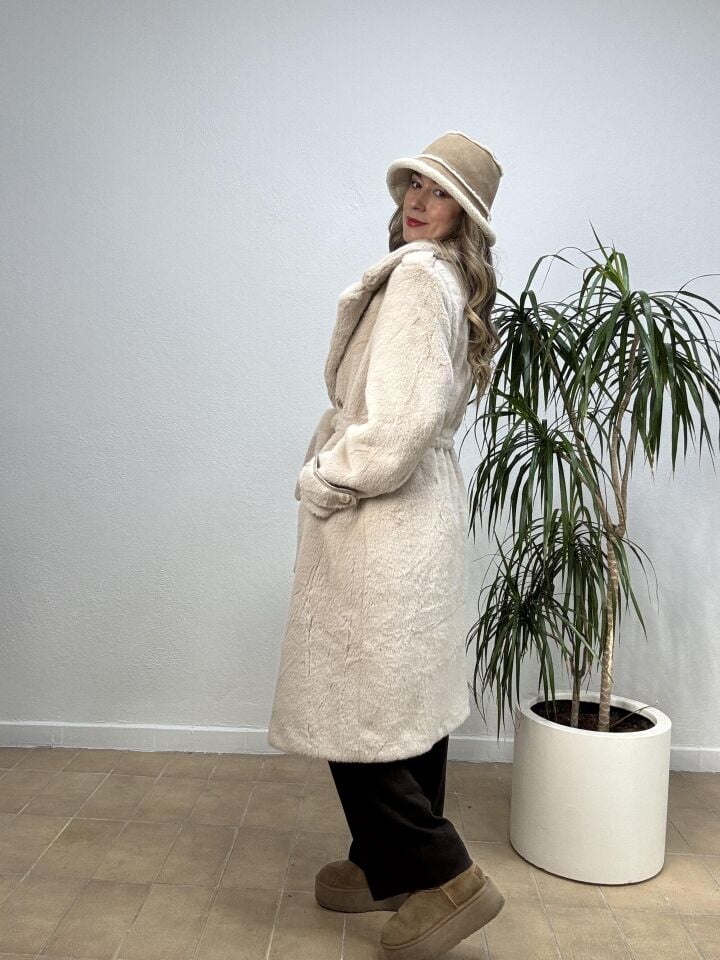 İTHAL DÜĞME DETAYLI KEMERLİ UZUN KÜRK 18402 Krem - STD