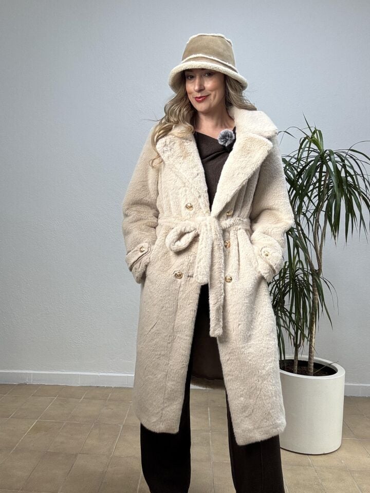 İTHAL DÜĞME DETAYLI KEMERLİ UZUN KÜRK 18402 Krem - STD