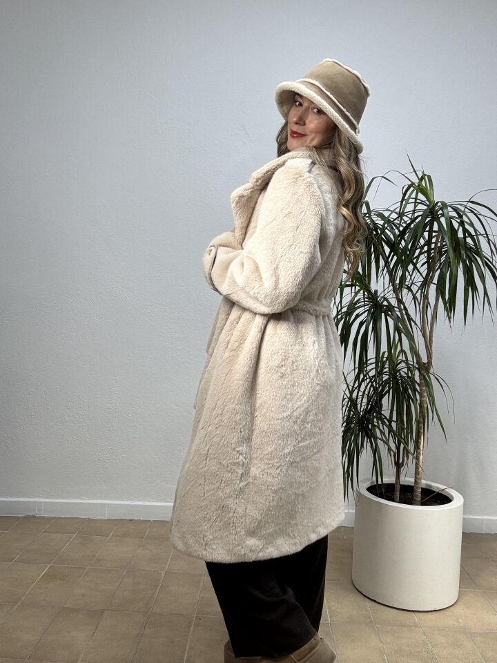 İTHAL DÜĞME DETAYLI KEMERLİ UZUN KÜRK 18402 Krem - STD