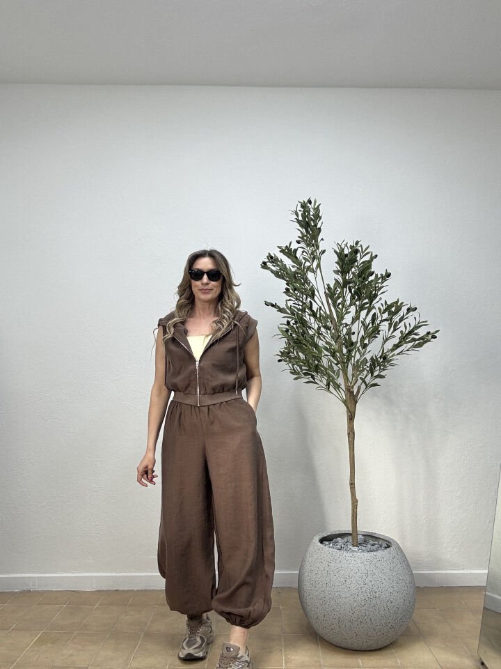 RİBANA DETAYLI PANTOLON YELEK TAKIM 1722 S - Kahverengi