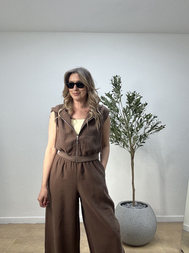 RİBANA DETAYLI PANTOLON YELEK TAKIM 1722 S - Kahverengi