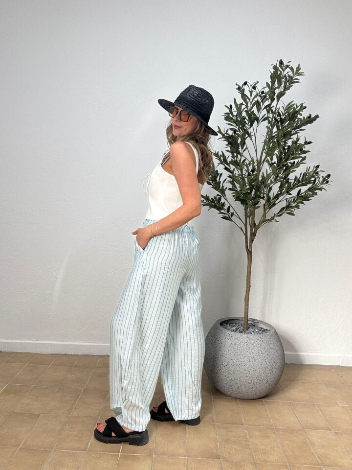 ÇİZGİLİ PAÇA PİLELİ İNCE BAGY PANTOLON 8371 40 - Sarı