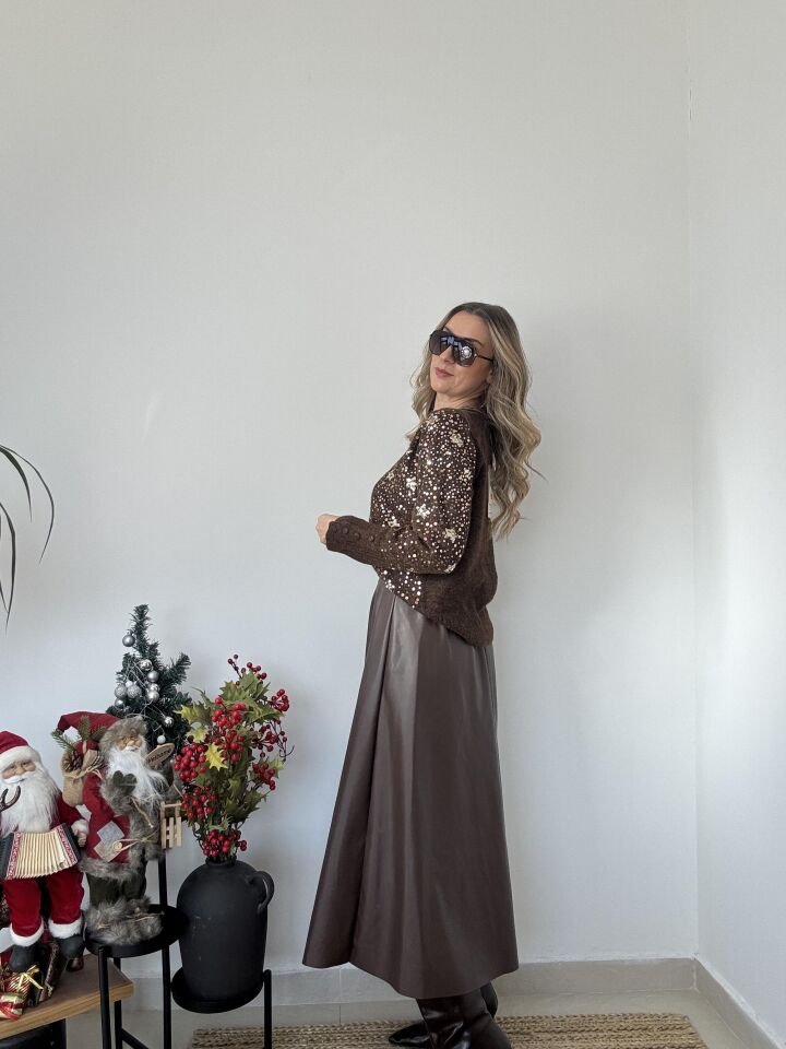 İTHAL PAYETLİ YILDIZ DESENLİ KAZAK STD - Kahverengi