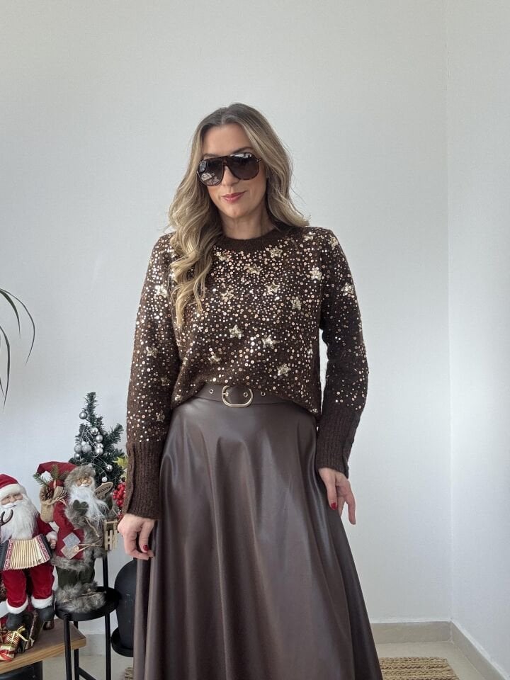 İTHAL PAYETLİ YILDIZ DESENLİ KAZAK STD - Kahverengi