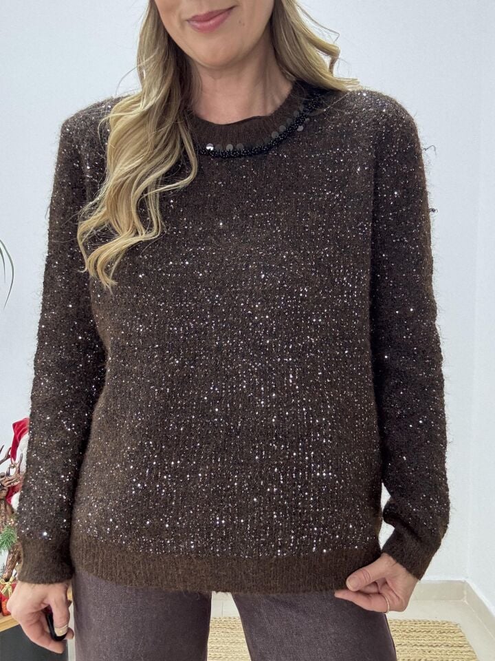 İTHAL PAYETLİ YAKASI DESENLİ KAZAK STD - Kahverengi