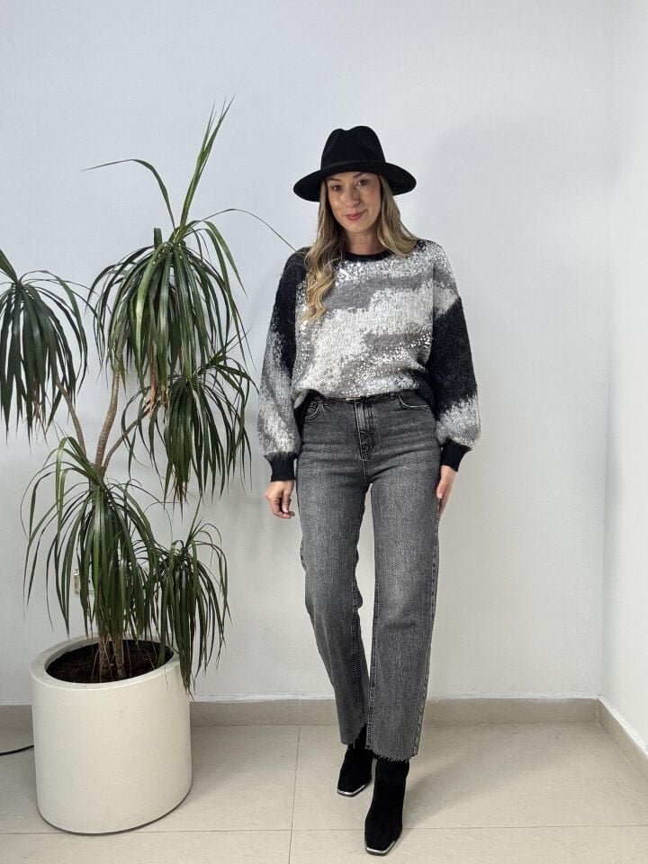 İTHAL PAYETLİ RENK BLOKLU KAZAK STD - Gri