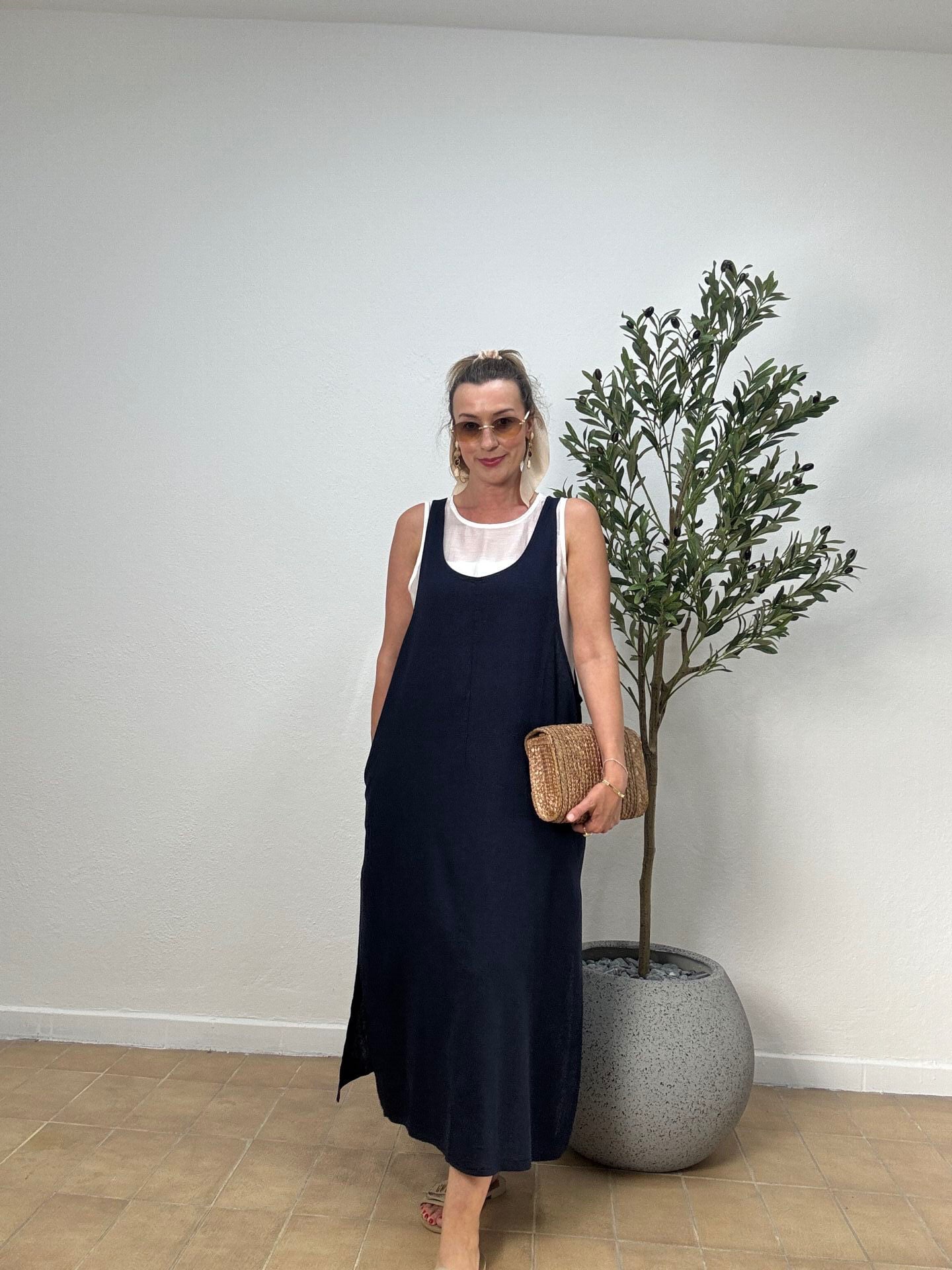 GARNİLİ KETEN ELBİSE 8496 S - Lacivert