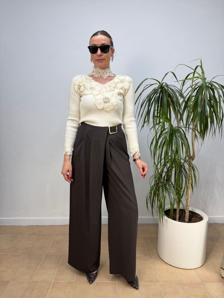 MERKÜR PİLE KEMER DETAYLI PANTOLON 0312 40 - Kahverengi