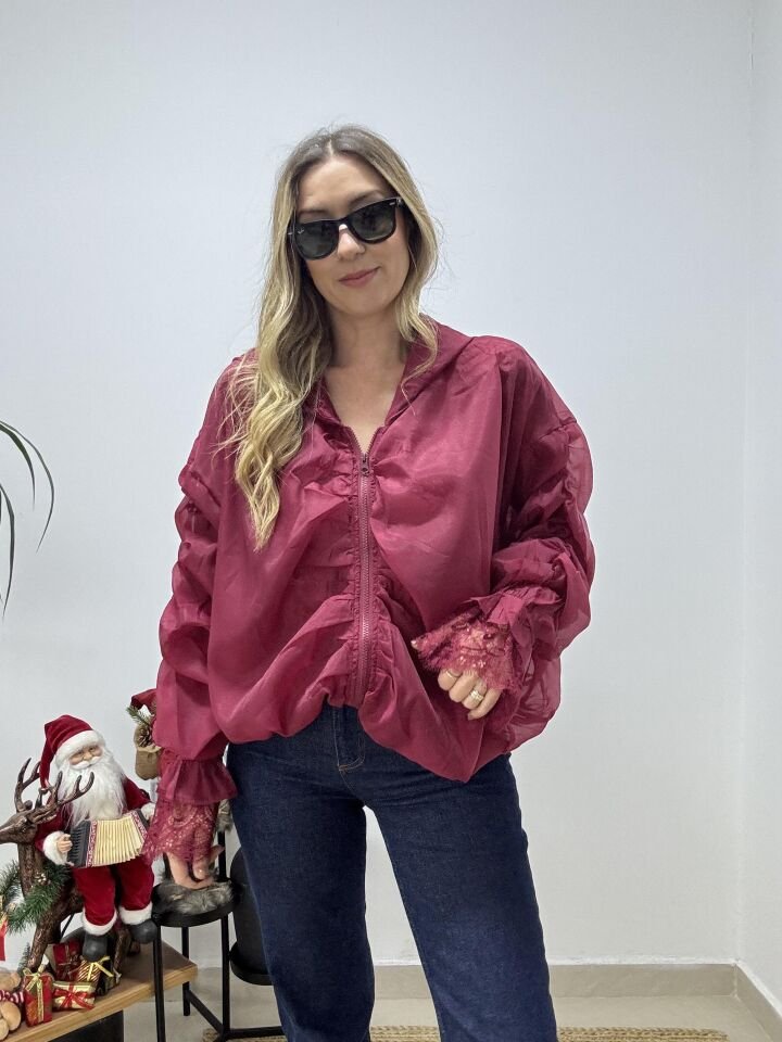 İTHAL KAPÜŞONLU DANTELLİ BOMBER CEKET Bordo - STD