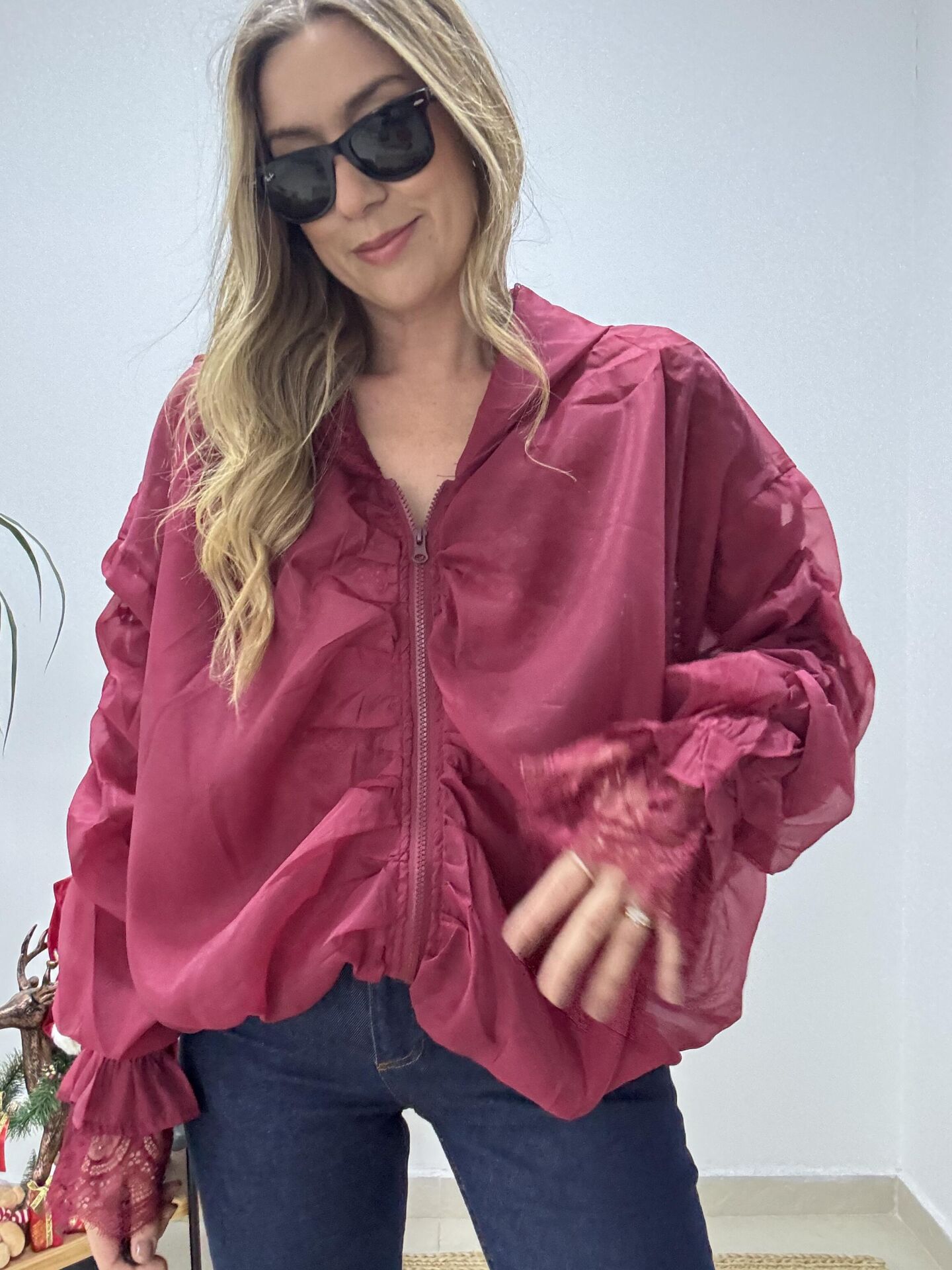 İTHAL KAPÜŞONLU DANTELLİ BOMBER CEKET Bordo - STD